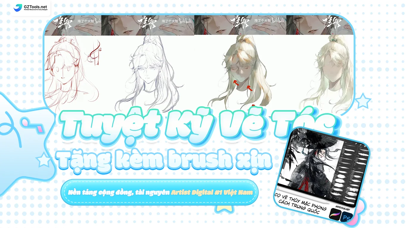 Tuyệt Kỹ Vẽ Tóc Digital Painting 9 Bước (Kèm Bộ 150 Brush Thuỷ Mặc Đi Nét, Vẩy Mực và Loan Màu)